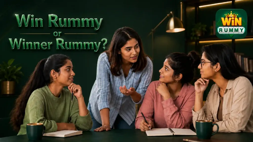 Alt text: Win Rummy or Winner Rummy discussion among four Indian women in a modern office, with the Win Rummy app logo displayed.